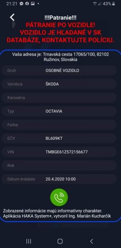 Krádež VOZIDLA BL609KT