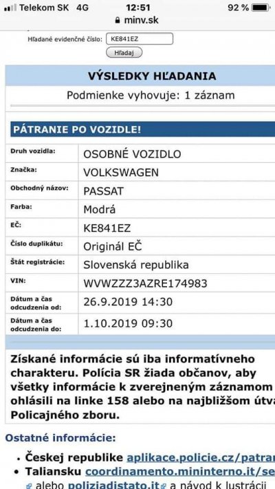 Nájdené ukradnuté vozidlo 